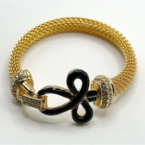 Swan SWAROVSKI Crystal Rhinestone Gold Mesh Black Enamel Bow Bracelet